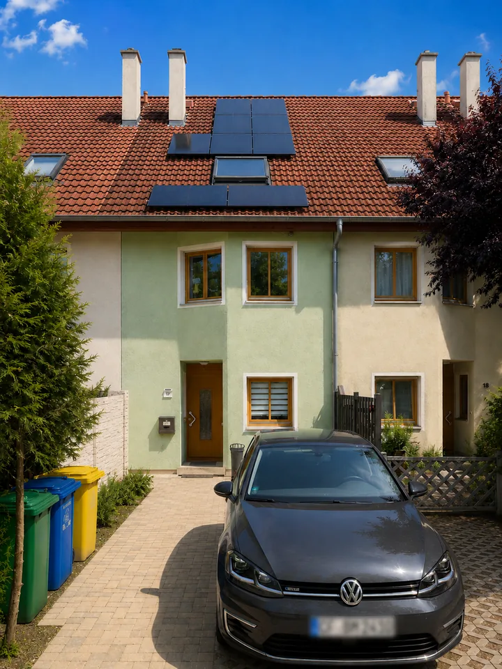 PV-Anlage auf einem Einfamilienhaus mit Solarmodulen und Carport