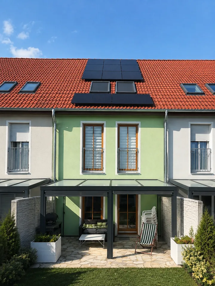 Solarmodule auf dem Hausdach eines Reihenhauses