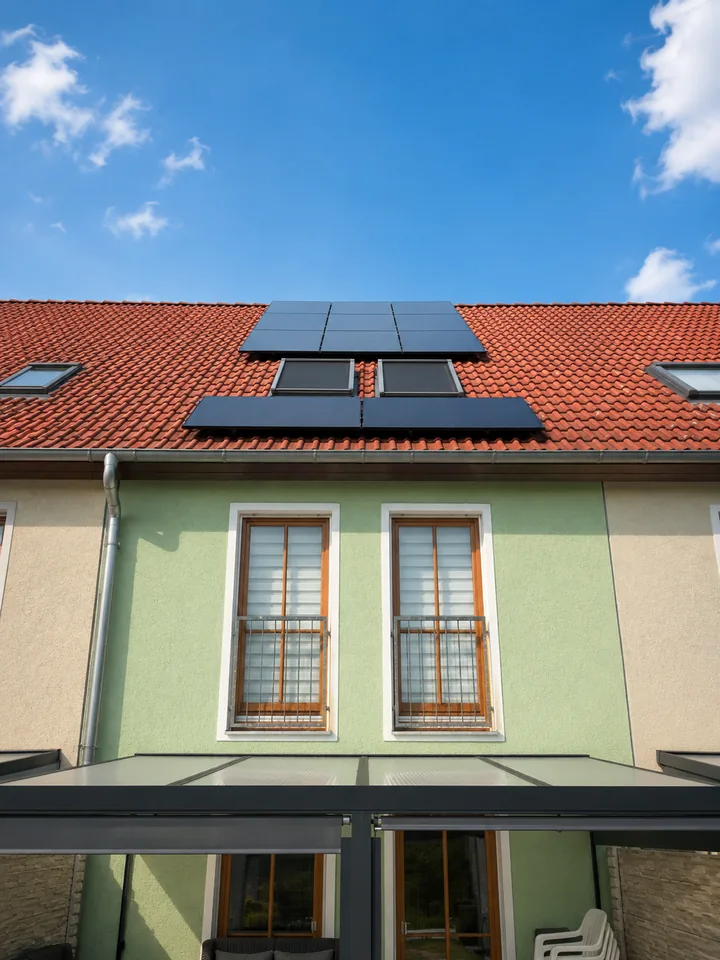 Nahaufnahme der Solarmodule auf dem Dach vor blauem Himmel
